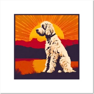 Goldendoodle on Vintage Sunset Posters and Art